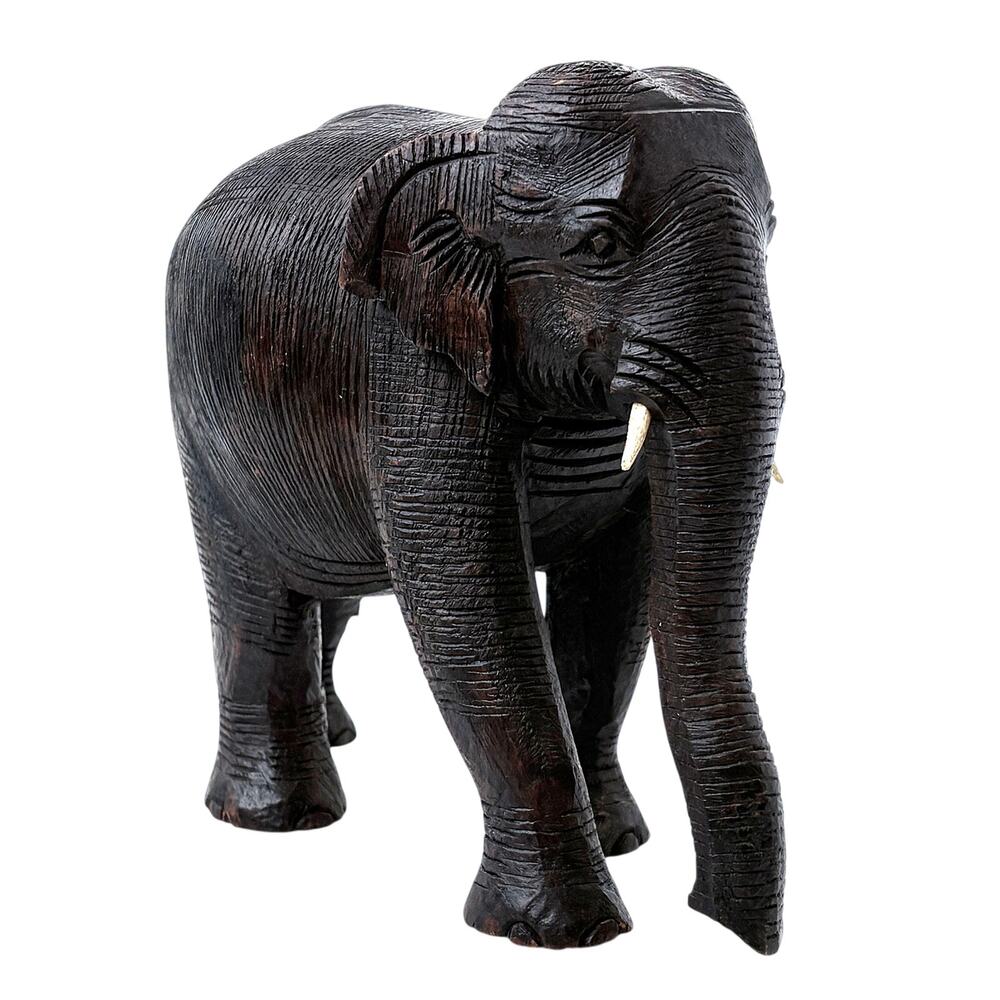Heavy Wooden Carved Elephant Statue With Tusks 6" Tall